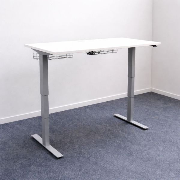 Sähköpöytä 140x80 – valkoinen kansi, harmaat jalat