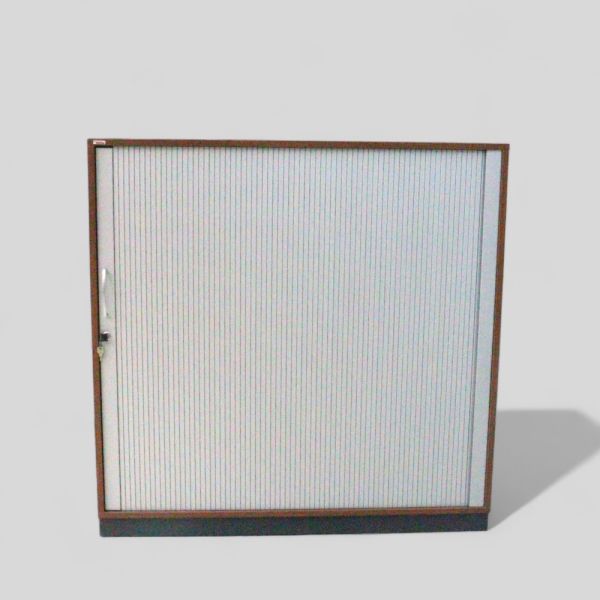 Assmann rulokaappi, alakaappi sokkelilla, 120x120x44 cm - runko tummapuu, rulo-ovi vaaleanharmaa