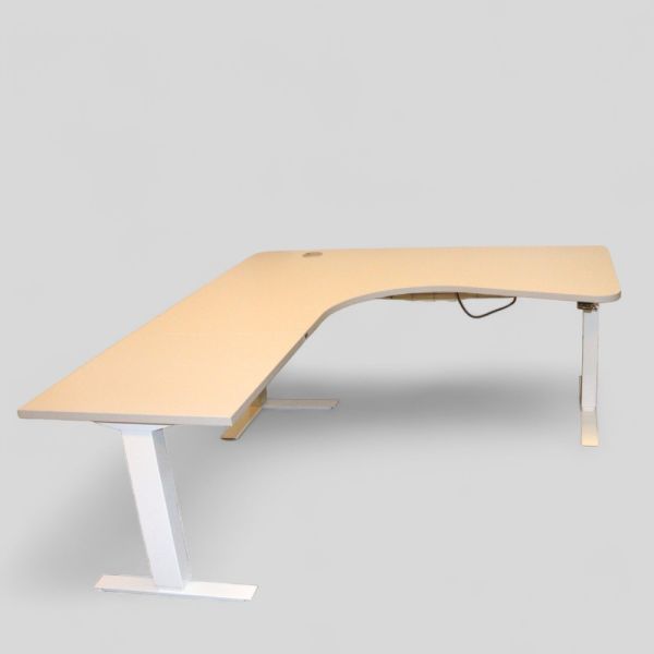 Isku sähköpöytä – kulmamalli 180 x 160 cm, vaalean harmaa kansi ja valkoiset jalat