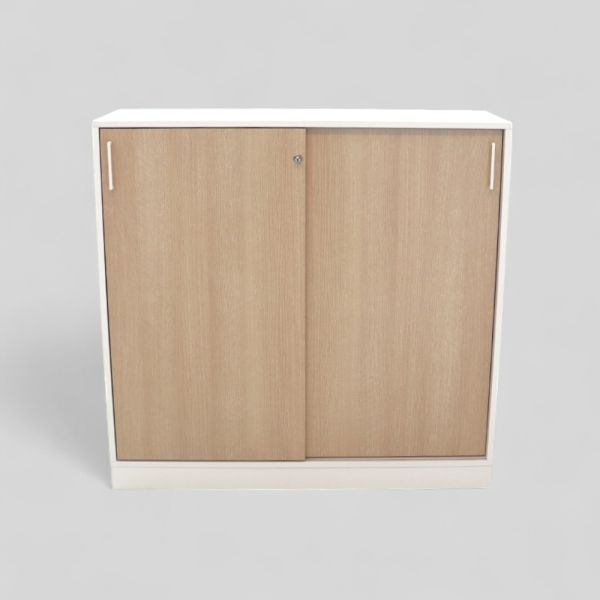 Liukuovikaappi 120 x 116 x 40 cm – valkoinen runko, puunväriset ovet