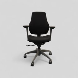 Isku-työtuoli – musta istuin, harmaa jalusta ja käsinojat