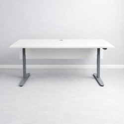 Sähköpöytä 180×80 cm, etulevy – valkoinen kansi, harmaat jalat